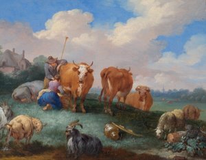 Hirten mit Kühen und Schafen in einer Landschaft